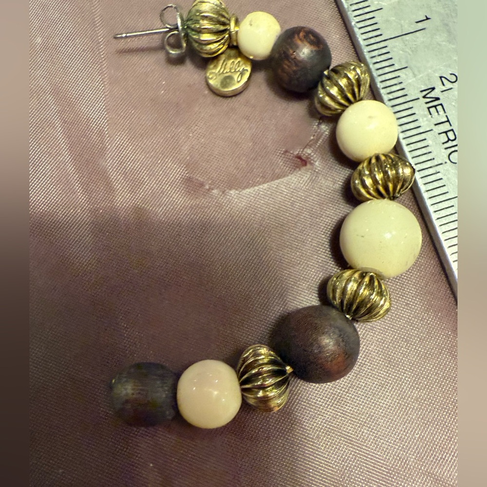 Vintage Y2K Milly Gold/Brown/Cream Dangle Earrings with Beaded Design MSRP $178 - Picture 6 of 7